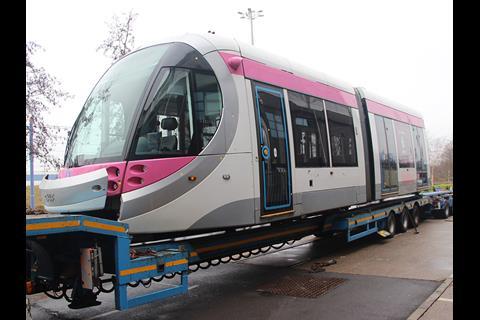 A Midland Metro trams has returned to CAF’s factory to be retrofitted with two lithium ion cells to enable to it to operate without catenary.